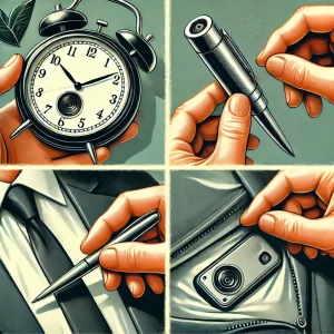 DALL·E-2024-11-11-23.38.32-A-detailed-illustration-featuring-two-scenes_-the-first-showing-a-modern-micro-camera-hidden-inside-a-common-object-like-a-clock-or-a-pen-and-the-sec-300x300 Micro Câmera Espionagem: Tecnologia Discreta ao Seu Alcance